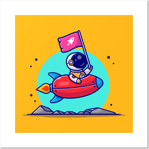 Cute Astronaut Holding Flag With Riding Rocket in Space Cartoon Vector Icon Illustration Wall Art by Catalyst Labs